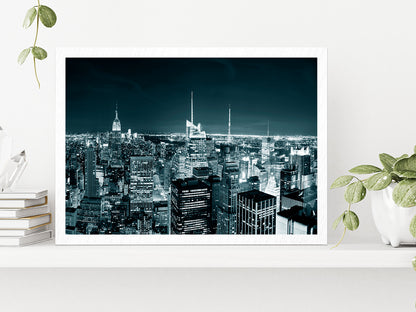 New York City Manhattan Skyline At Night Glass Framed Wall Art, Ready to Hang Quality Print Without White Border White