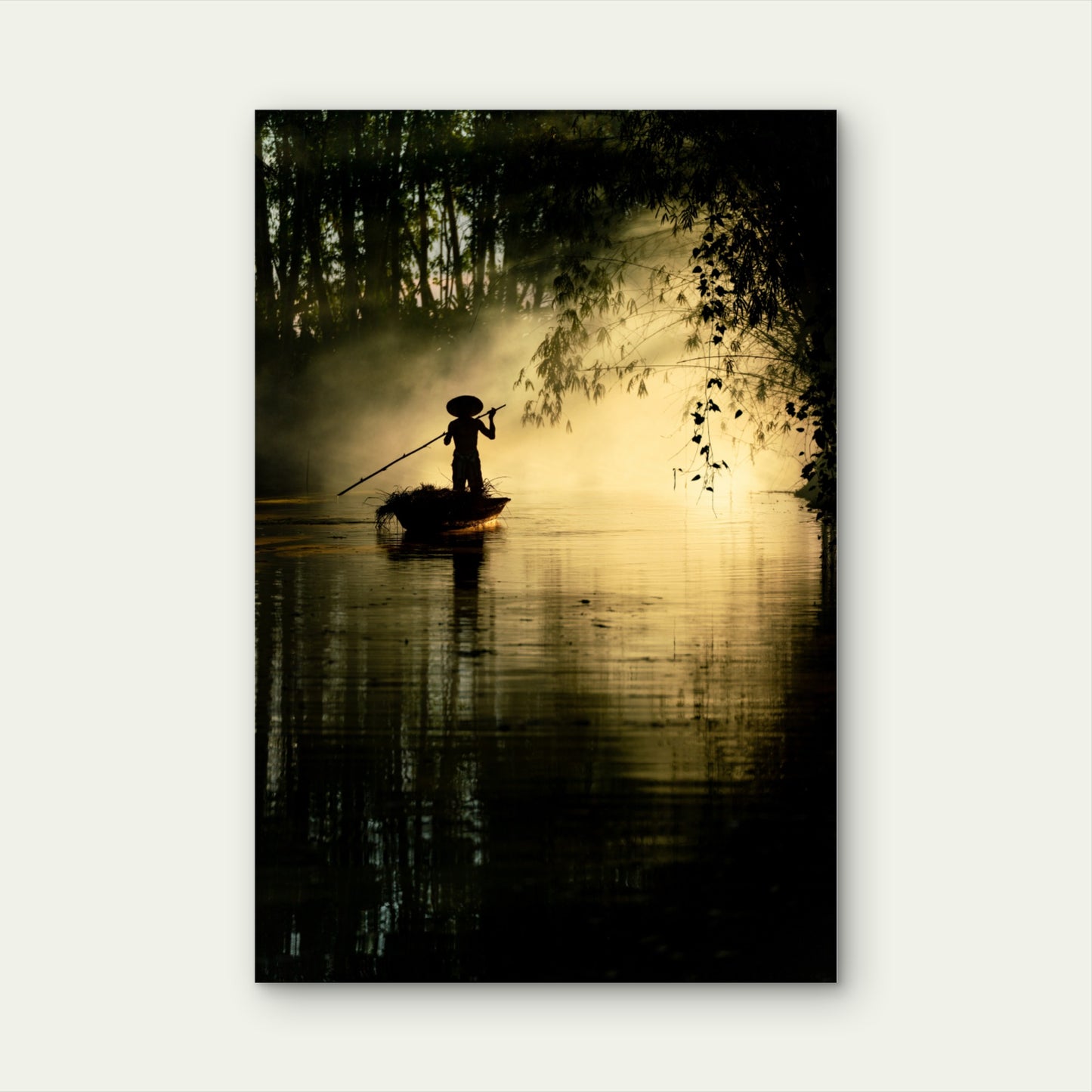 Silhouette Fisherman on River at Sunrise 40x60cm Metal Print Ready to Hang