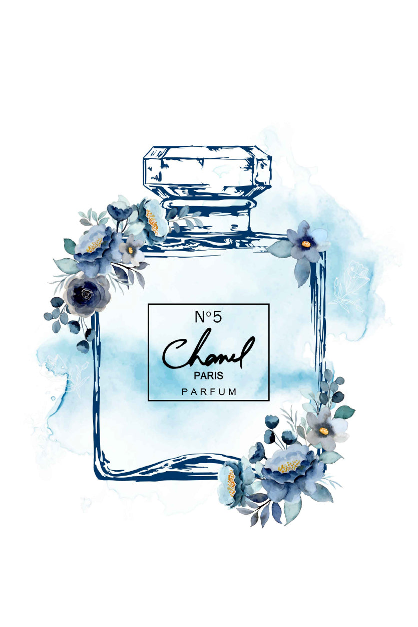 Fashion Perfume with Blue Shaded Flowers Design Home Decor Premium Quality Poster Print Choose Your Sizes