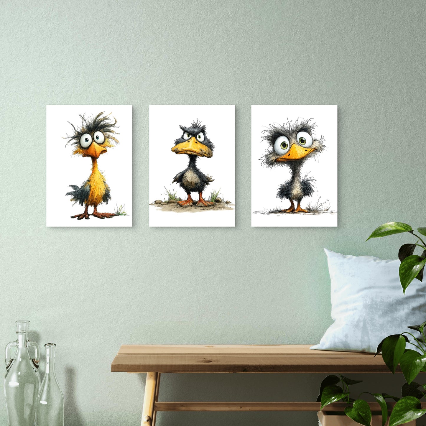 3pcs Funny Crazy Messy Birds Wall Art Set Canvas Framed 40x60cm - High Quality Print 100% Australian Made Wall Canvas Ready to Hang
