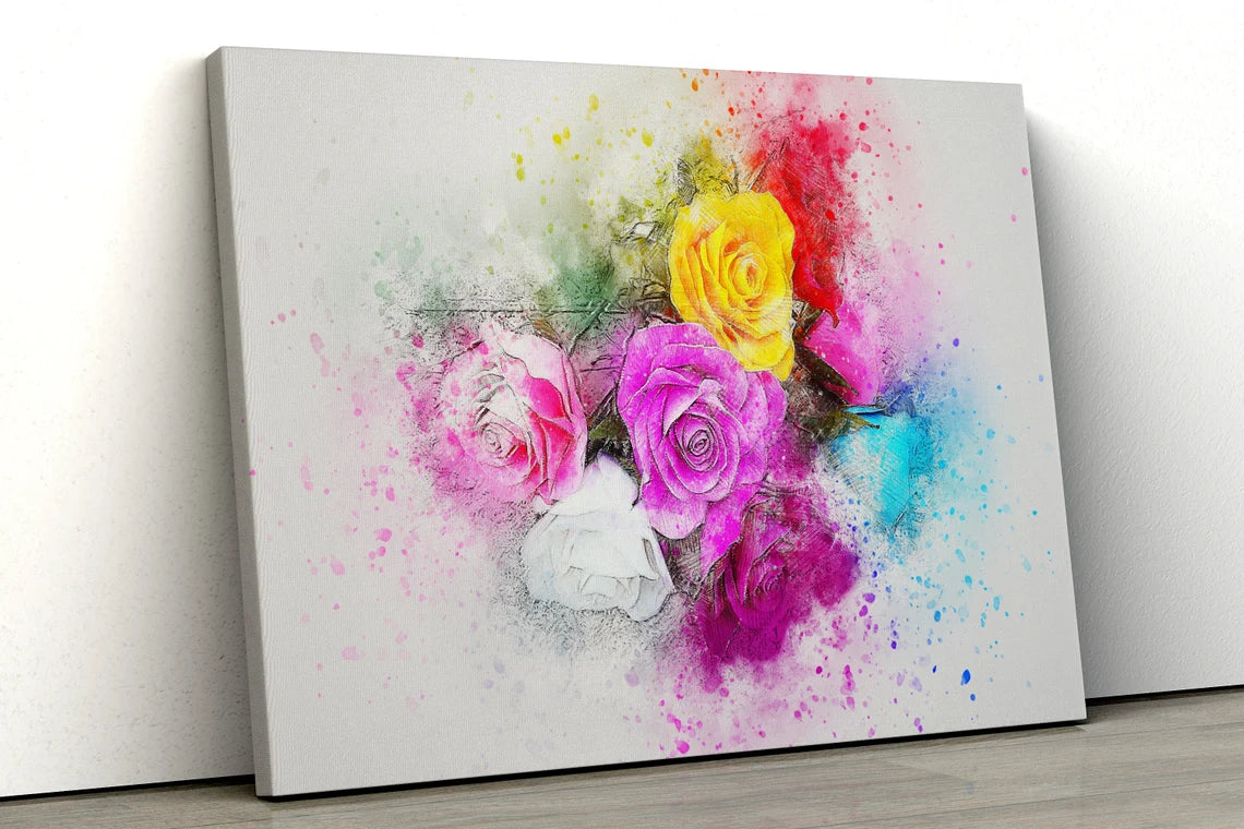 Multicolored roses bunch of flowers water color painting UV Direct Aluminum Print Australian Made Quality