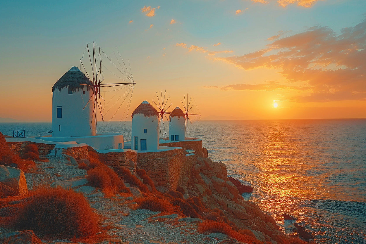 Buildings on a Rocky Shore, Sky In Greece Print 100% Australian Made - Bella Home Decor