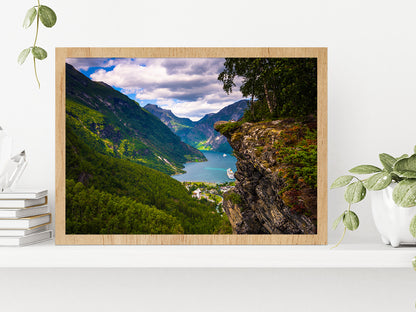 Flydalsjuvet Viewpoint In Norway Glass Framed Wall Art, Ready to Hang Quality Print Without White Border Oak