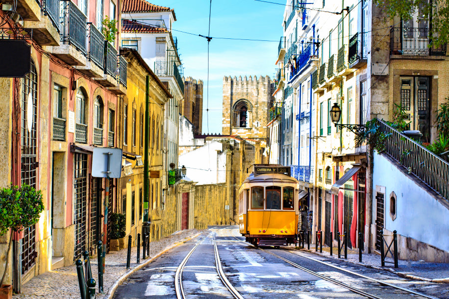 Romantic Lisbon Street with The Typical Yellow Tram and Lisbon Cathedral  Acrylic Glass Print Tempered Glass Wall Art 100% Made in Australia Ready to Hang