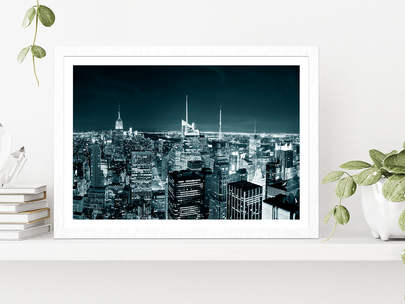 New York City Manhattan Skyline At Night Glass Framed Wall Art, Ready to Hang Quality Print With White Border White