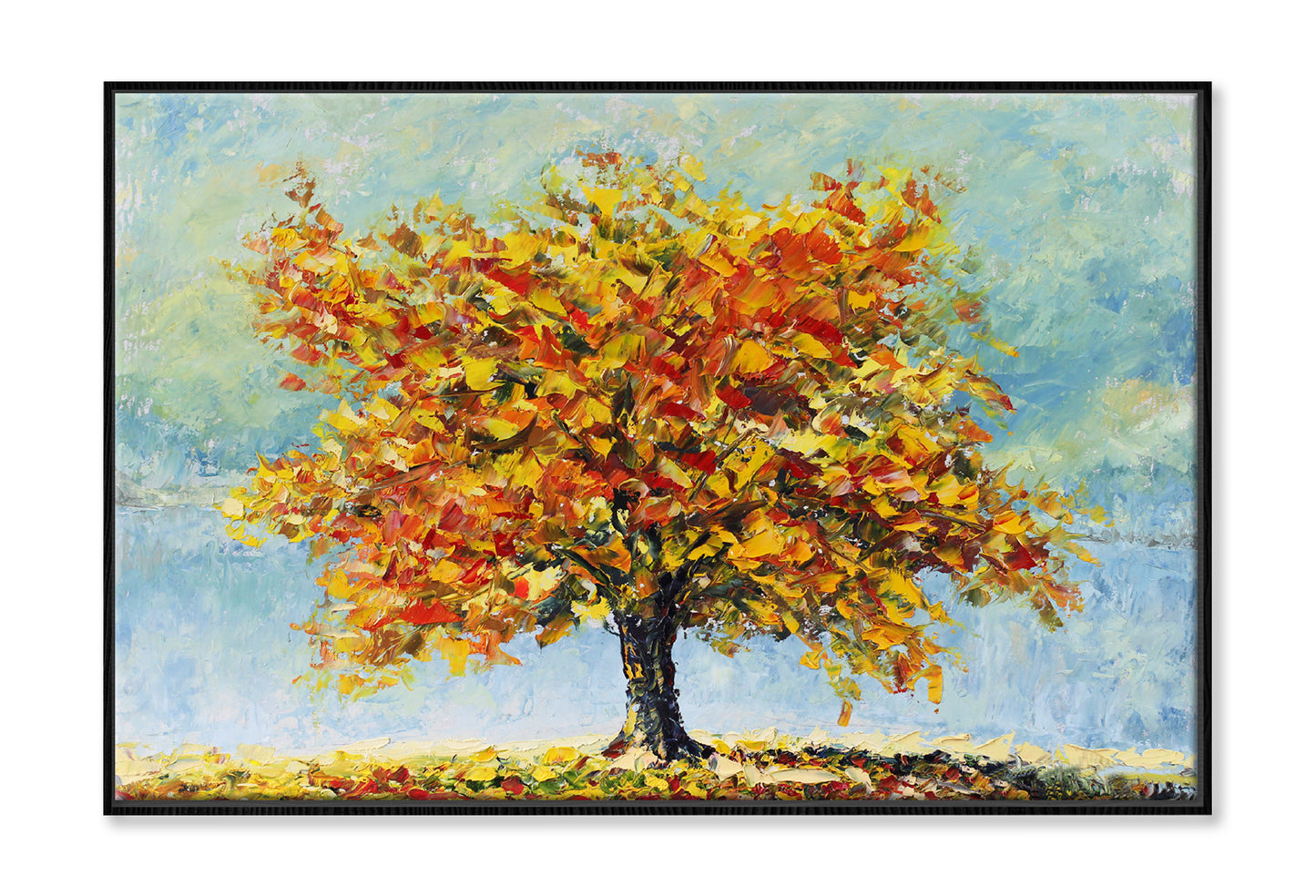 Lonely Autumn Tree with Fallen Leaves Oil Painting Wall Art Limited Edition High Quality Print Canvas Box Framed Black