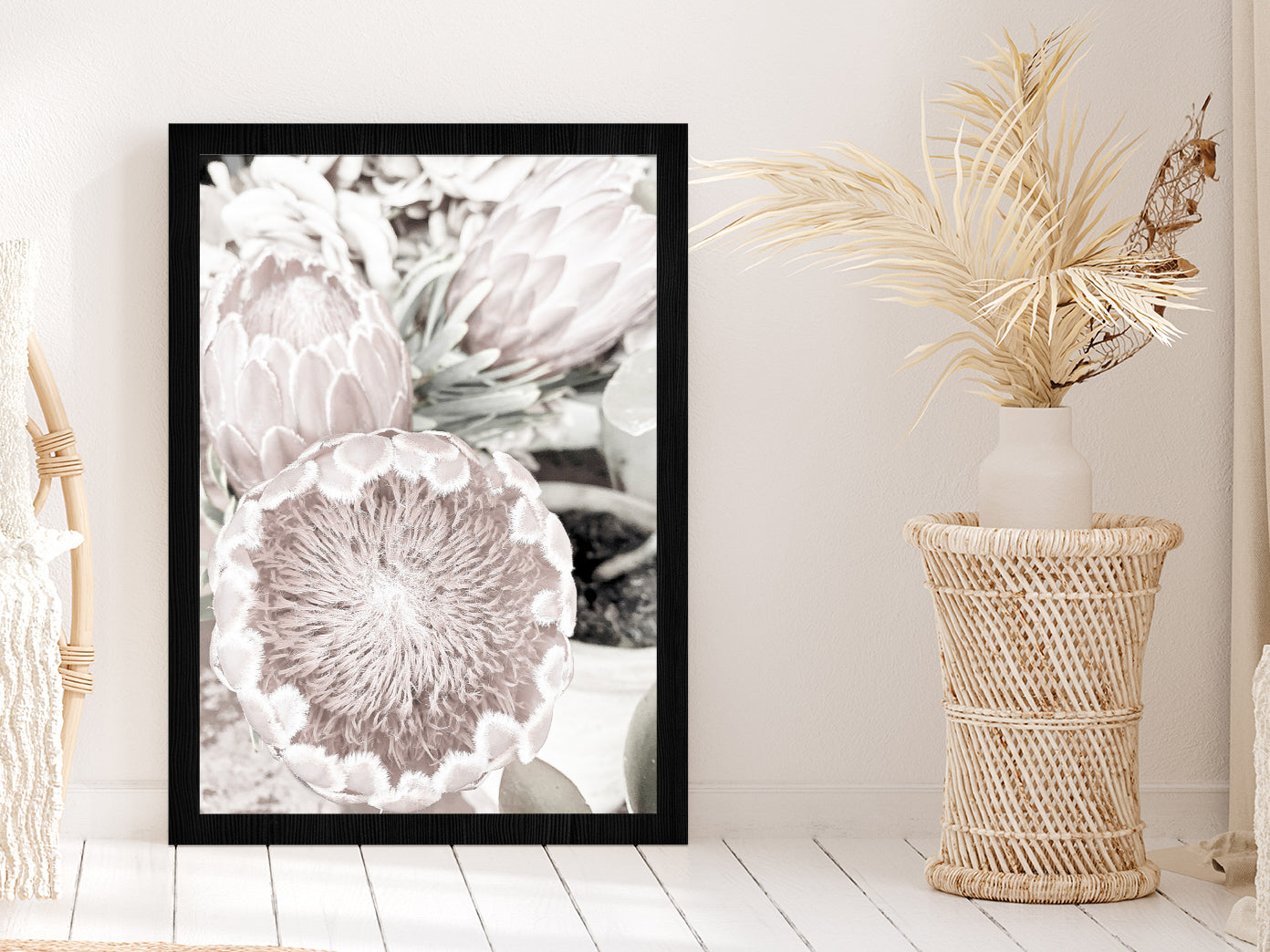 Protea Flowers Closeup Faded Photograph Glass Framed Wall Art, Ready to Hang Quality Print Without White Border Black