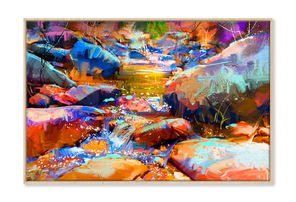 Beautiful Waterfall With Colorful Stones In Autumn Forest Oil Painting Wall Art Limited Edition High Quality Print Canvas Box Framed Natural