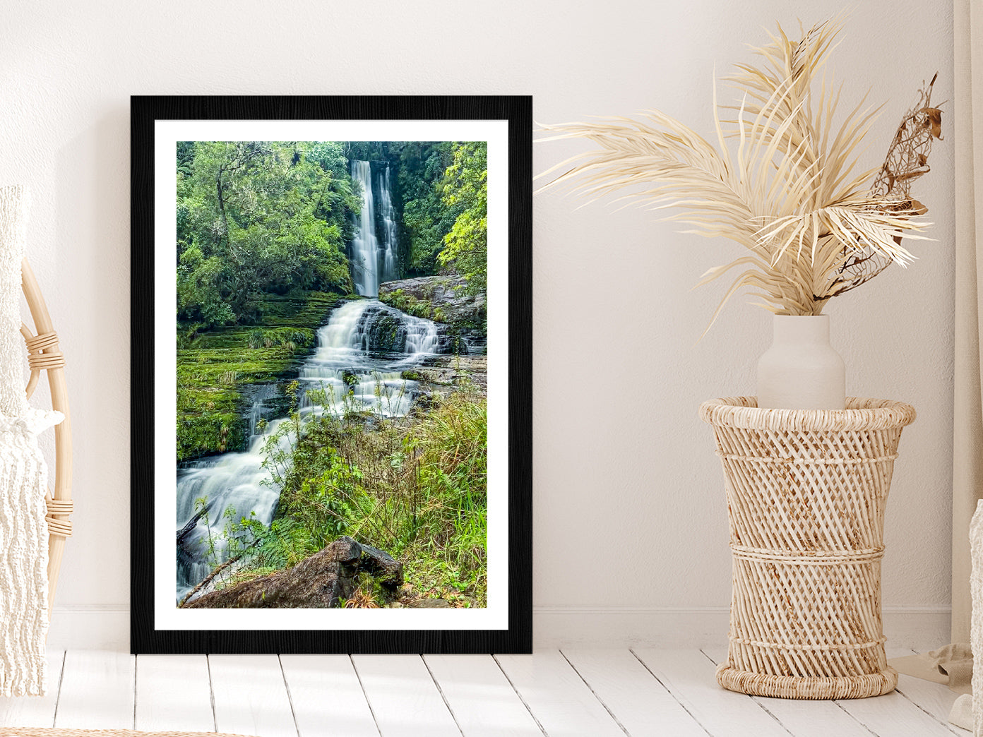 Mcleans Falls In The Forest Glass Framed Wall Art, Ready to Hang Quality Print With White Border Black