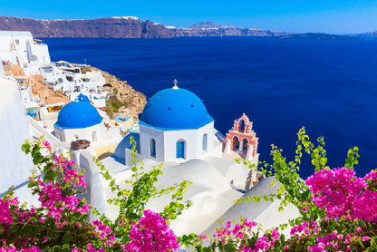 Pink Flowers in Santorini Greece Print 100% Australian Made - Bella Home Decor