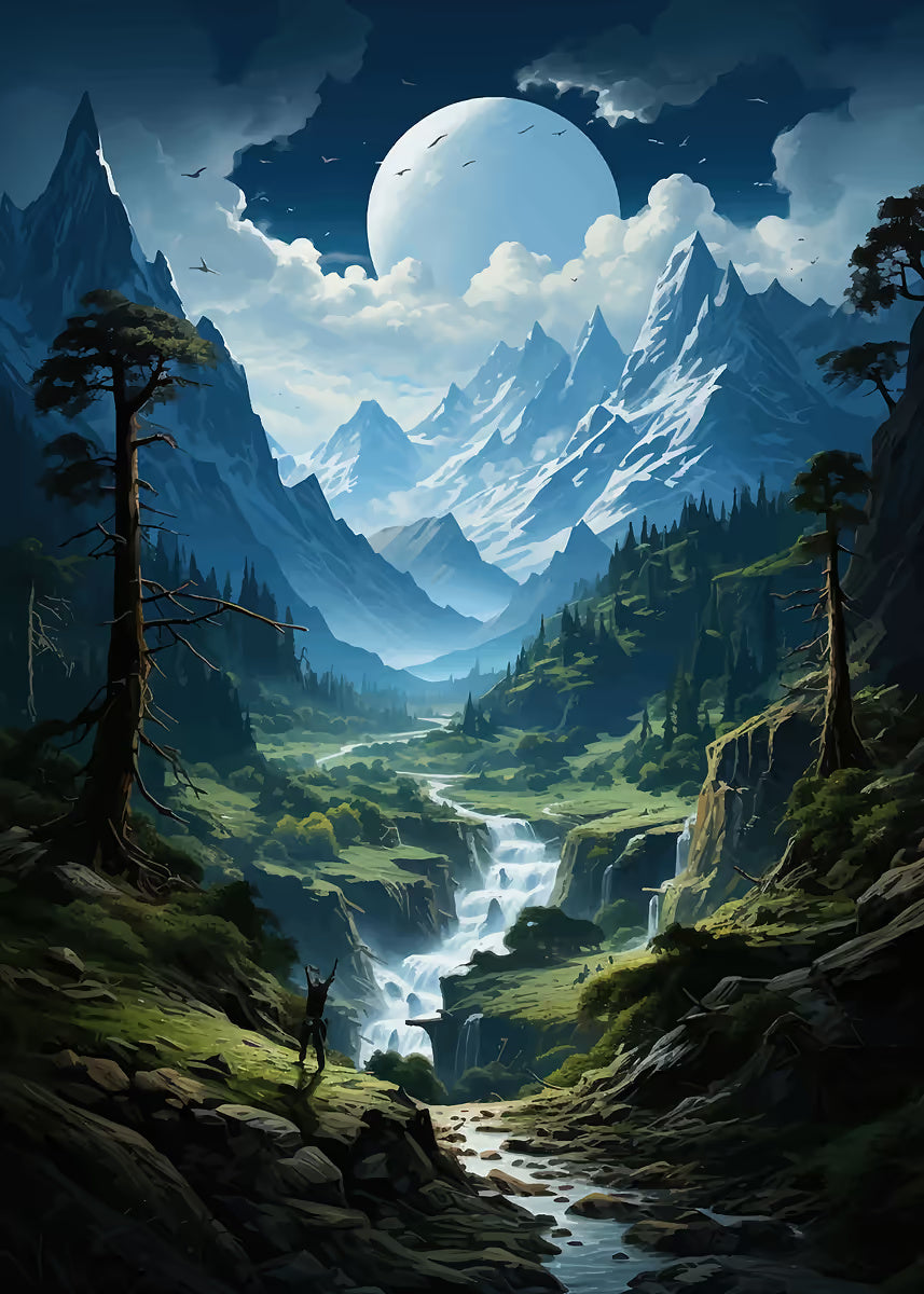 Moonlight Valley River Stream 60x90cm Metal Print Ready to Hang - Bella Home Decor