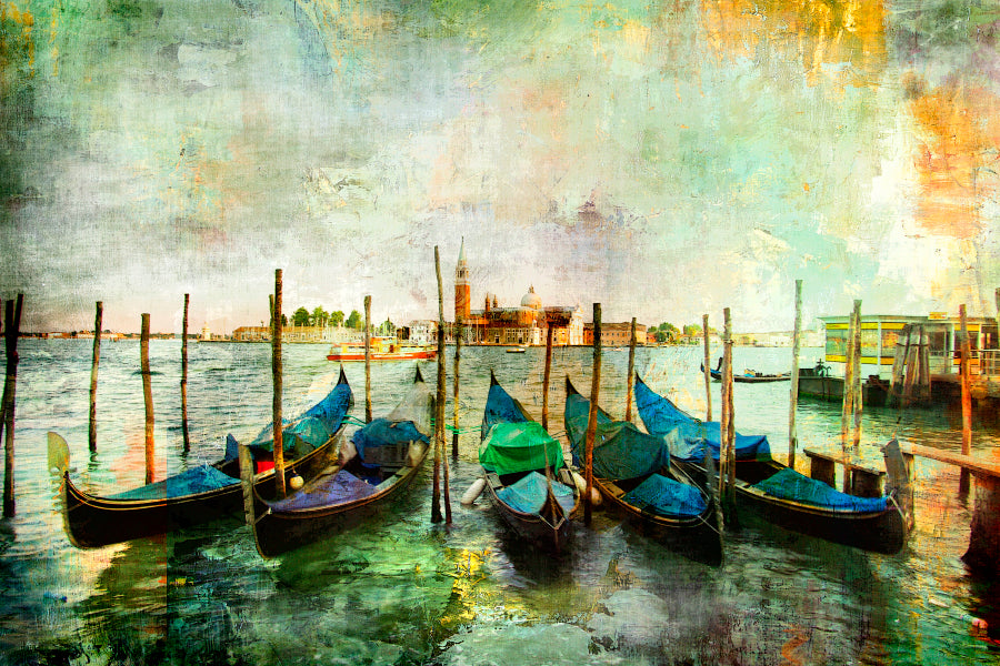 Gondolas - Beautiful Venetian Pictures - Oil Painting Style Acrylic Glass Print Tempered Glass Wall Art 100% Made in Australia Ready to Hang