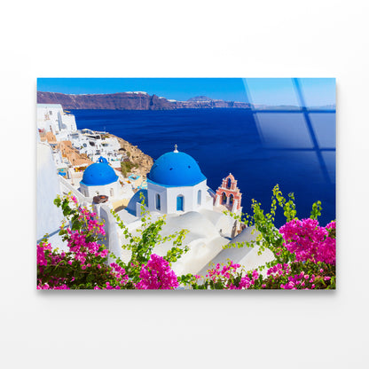 Pink Flowers in Santorini Greece Acrylic Glass Print Tempered Glass Wall Art 100% Made in Australia Ready to Hang - Bella Home Decor
