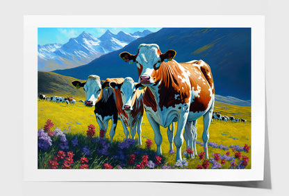 Pleasant Cows & Snow Mountain with Flowers Painting Wall Art Limited Edition High Quality Print Unframed Roll Canvas None