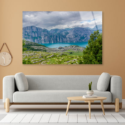 A Lake Surrounded By Mountains with Clouds Acrylic Glass Print Tempered Glass Wall Art 100% Made in Australia Ready to Hang