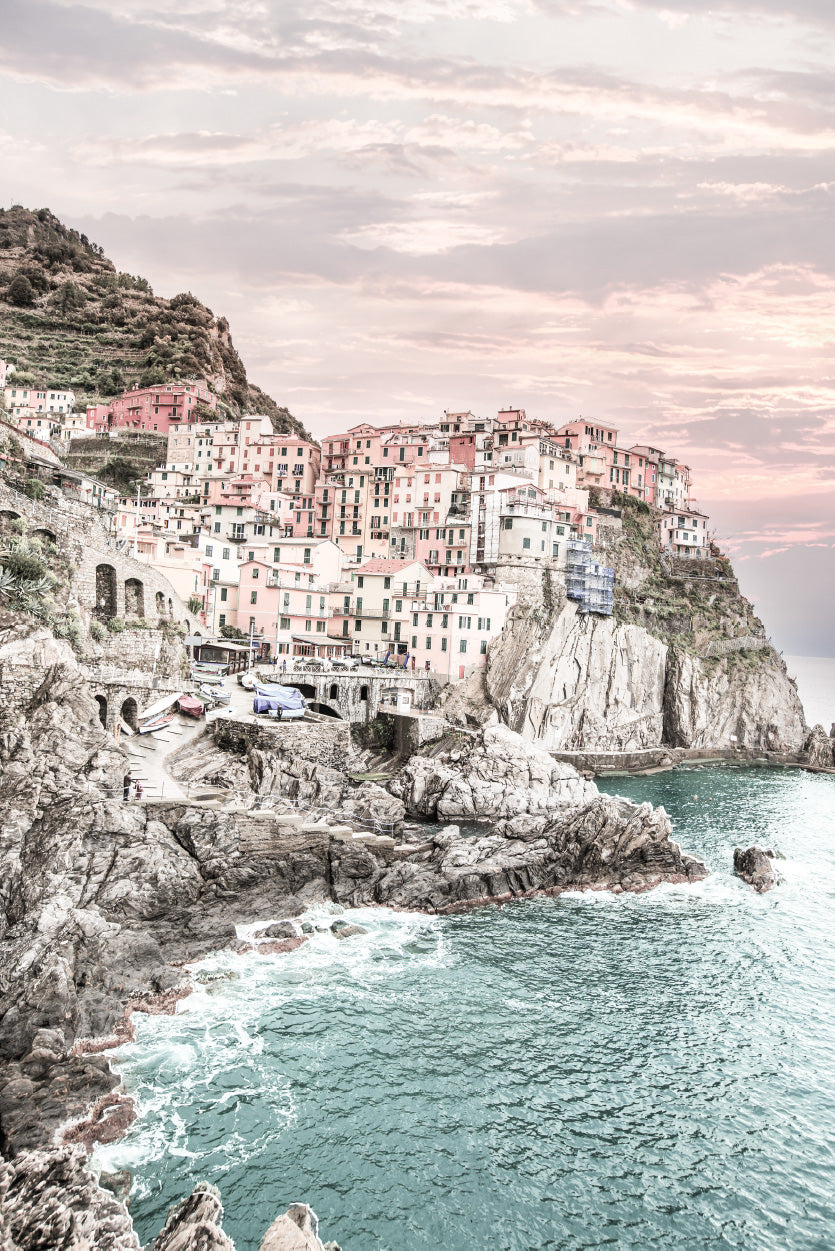 Cinque Terre Faded City & Sea Photograph Glass Framed Wall Art, Ready to Hang Quality Print