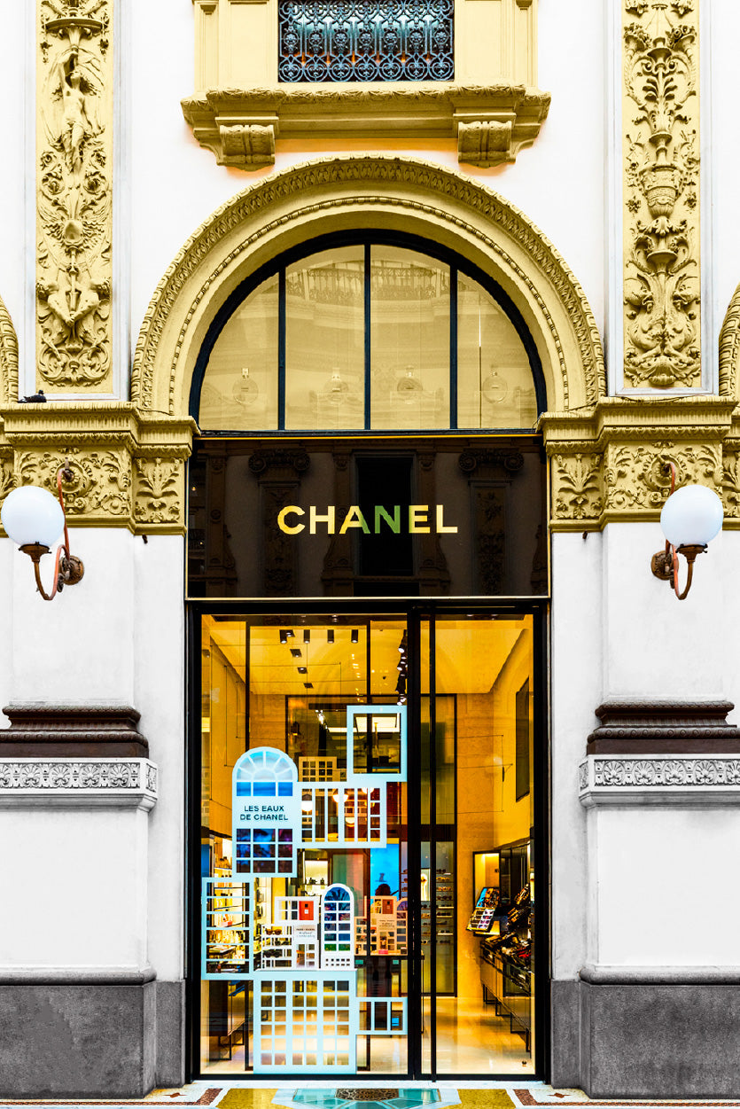 Gold Fashion Store Front View Photograph Glass Framed Wall Art, Ready to Hang Quality Print