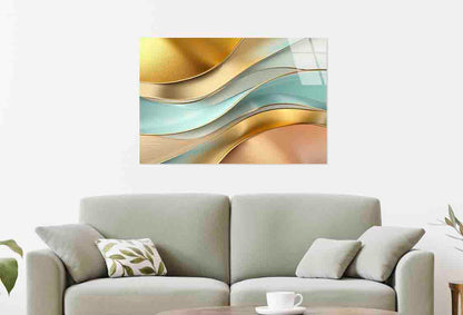 Modern Teal Gold Wave Tempered Glass Printing Wall Art Australian Made Quality