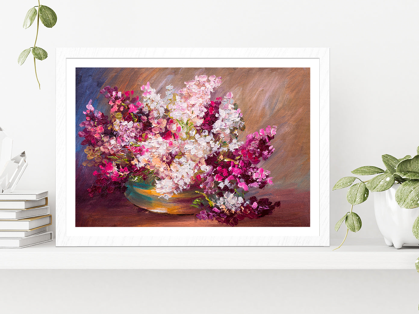 Bouquet Of Lilac & Colorful Still Life Glass Framed Wall Art, Ready to Hang Quality Print With White Border White