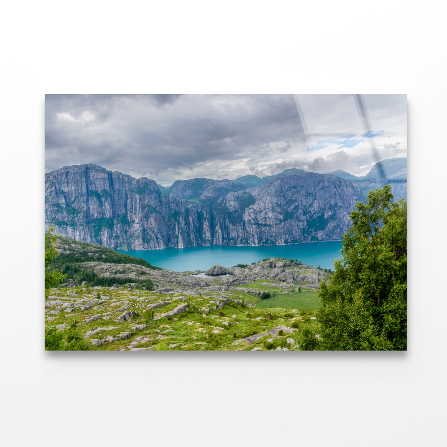 A Lake Surrounded By Mountains with Clouds Acrylic Glass Print Tempered Glass Wall Art 100% Made in Australia Ready to Hang