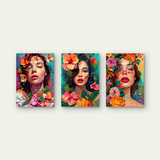 3pcs Colorful Tropical Woman Flower Painting Wall Art Set Canvas Framed 40x60cm - High Quality Print 100% Australian Made Wall Canvas Ready to Hang