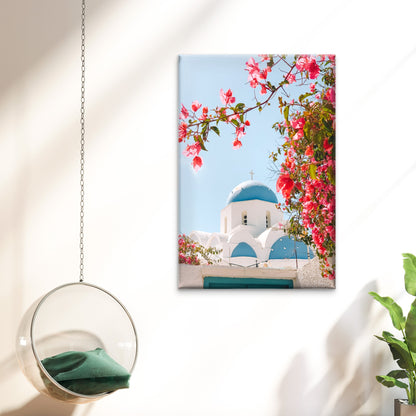 White Stone Church Blue Dome Bougainvillea Greek Sky Wall Art Decor 100% Australian Made - Bella Home Decor