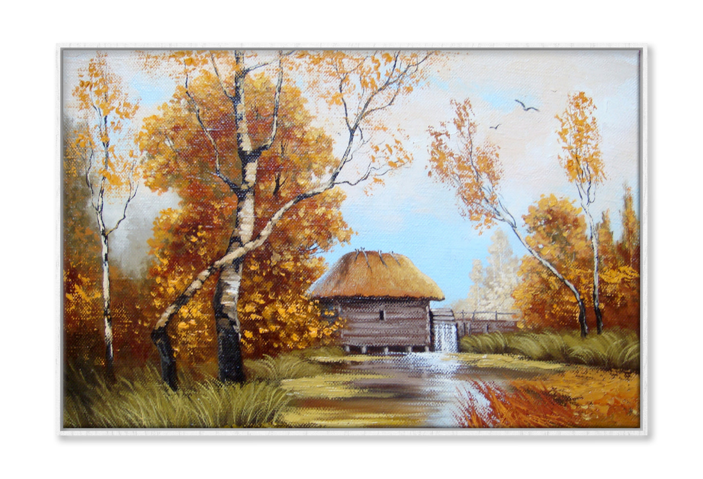 House near Lake & Autumn Trees Oil Painting Wall Art Limited Edition High Quality Print Canvas Box Framed White