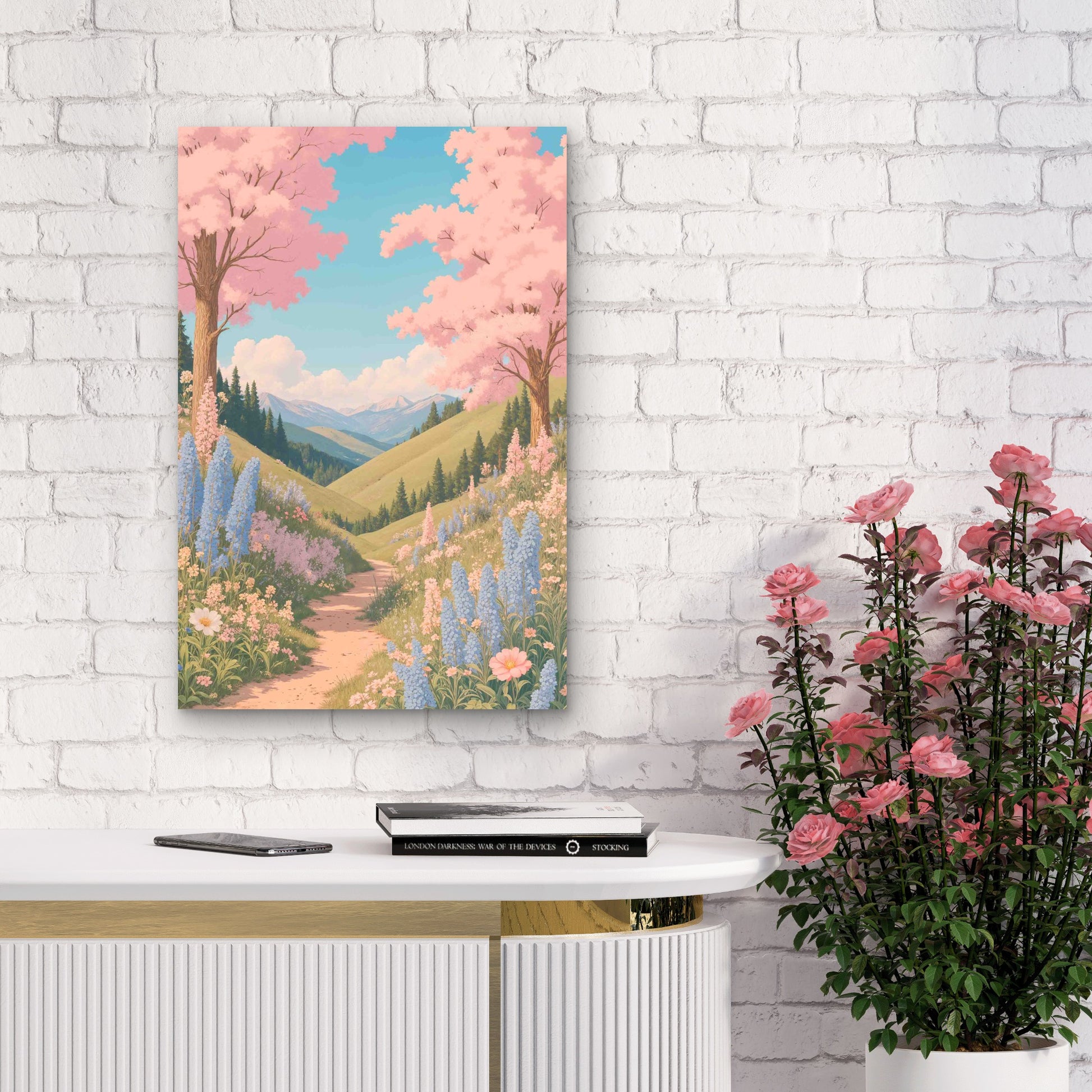 Sakura Mountain Path Scene 60x90cm Metal Print Ready to Hang - Bella Home Decor