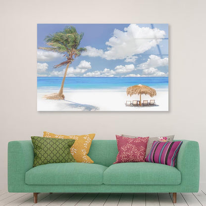 Beach Hut And Coconut Tree Acrylic Glass Print Tempered Glass Wall Art 100% Made in Australia Ready to Hang