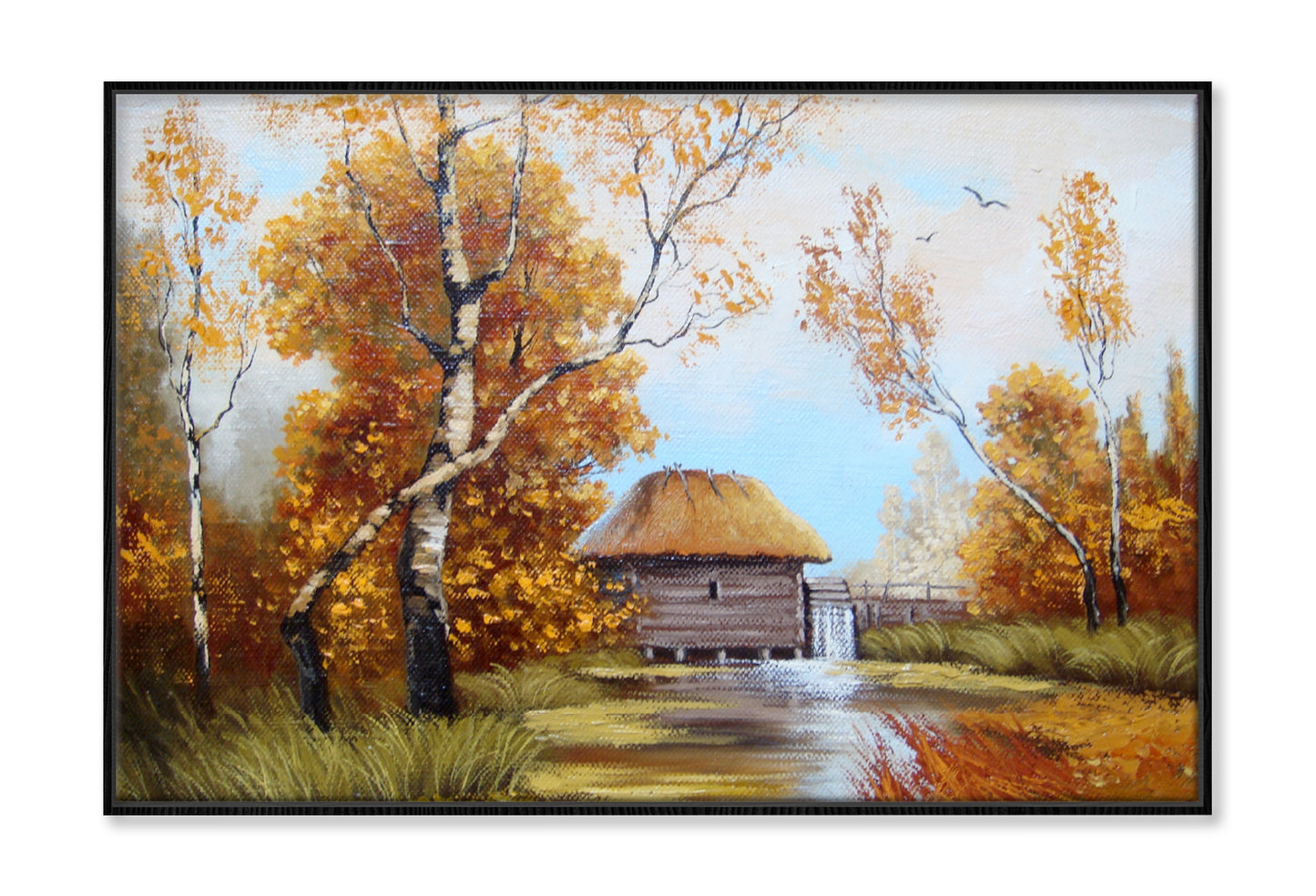 House near Lake & Autumn Trees Oil Painting Wall Art Limited Edition High Quality Print Canvas Box Framed Black