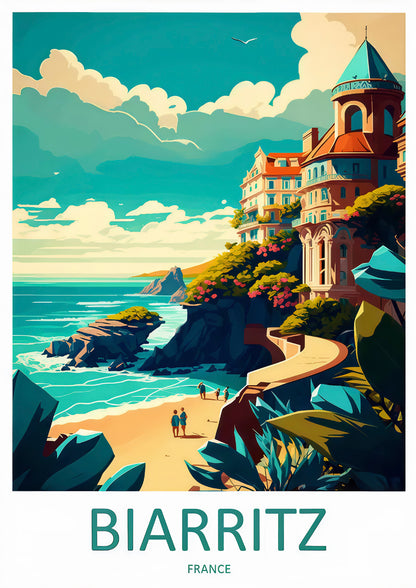 Biarritz France Coast French Riviera Landscape White House & Sea Travel Poster Print Wall Art