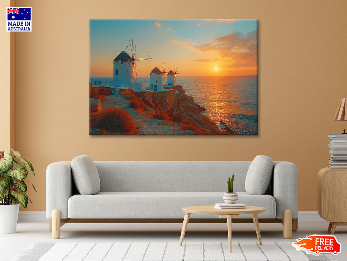 Buildings on a Rocky Shore, Sky In Greece Print 100% Australian Made - Bella Home Decor