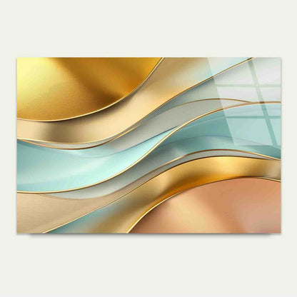 Modern Teal Gold Wave Tempered Glass Printing Wall Art Australian Made Quality