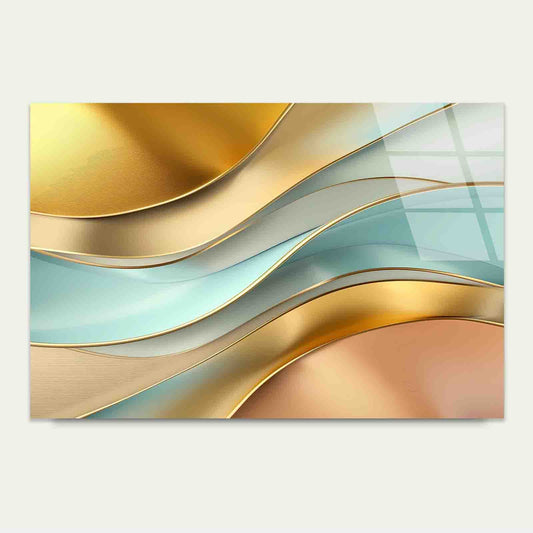 Modern Teal Gold Wave Tempered Glass Printing Wall Art Australian Made Quality