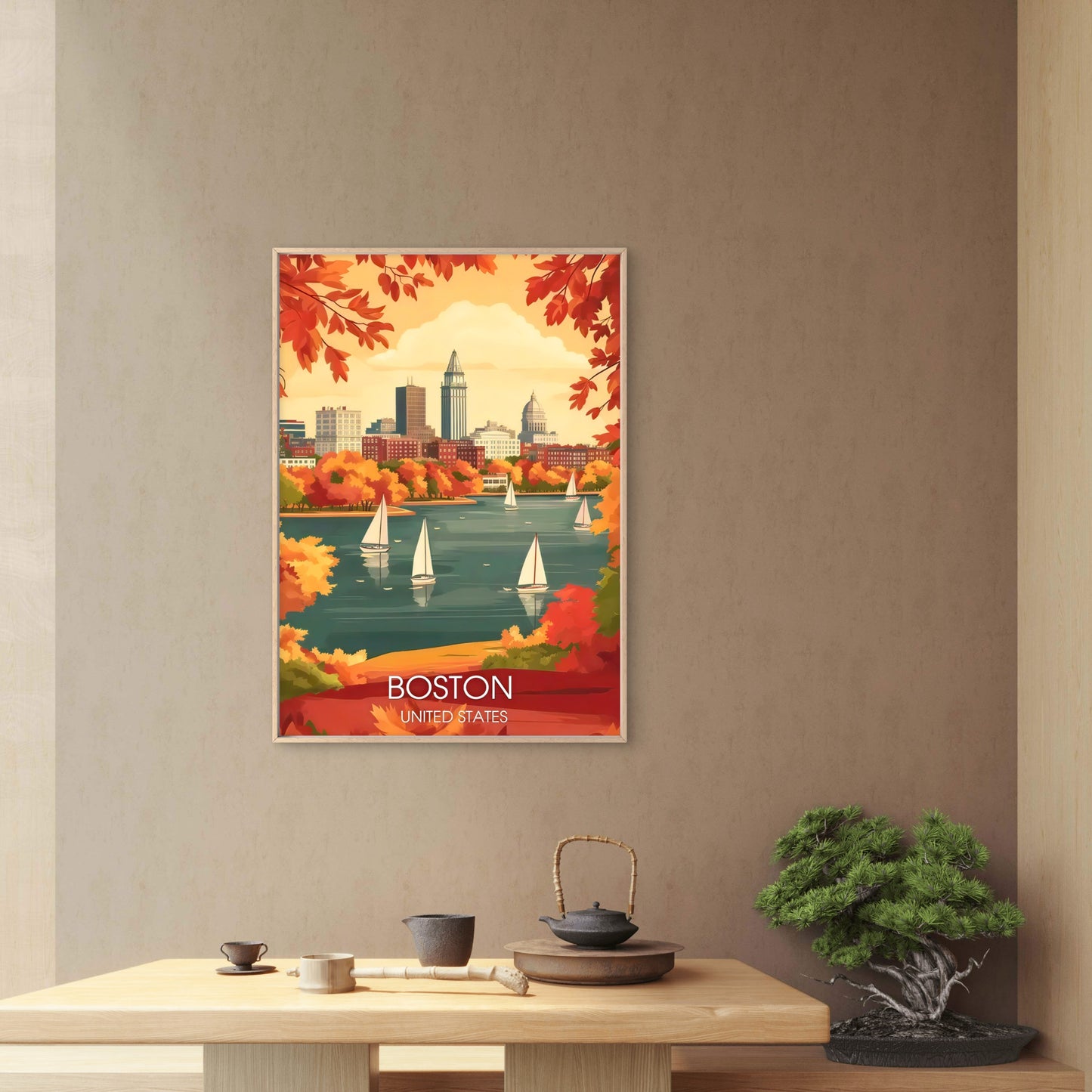 Boston United States Autumn Harbour Cityscape with Sailboats Travel Poster Print Wall Art