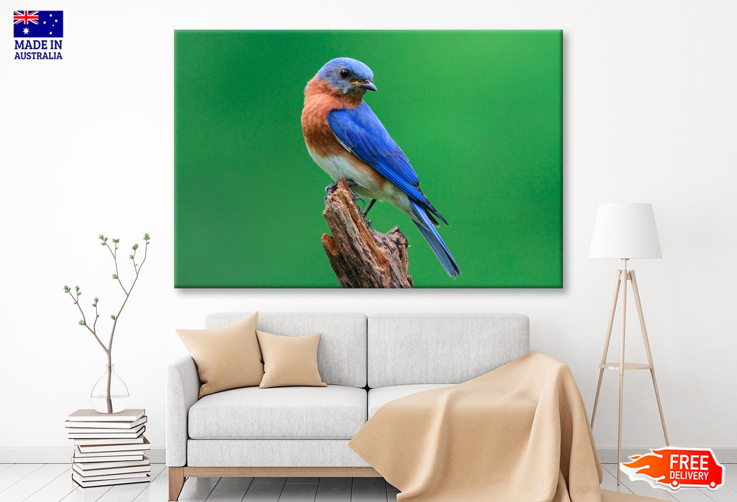 Blue Bird Sitting on Top of a Tree Branch  Wall Art Decor 100% Australian Made