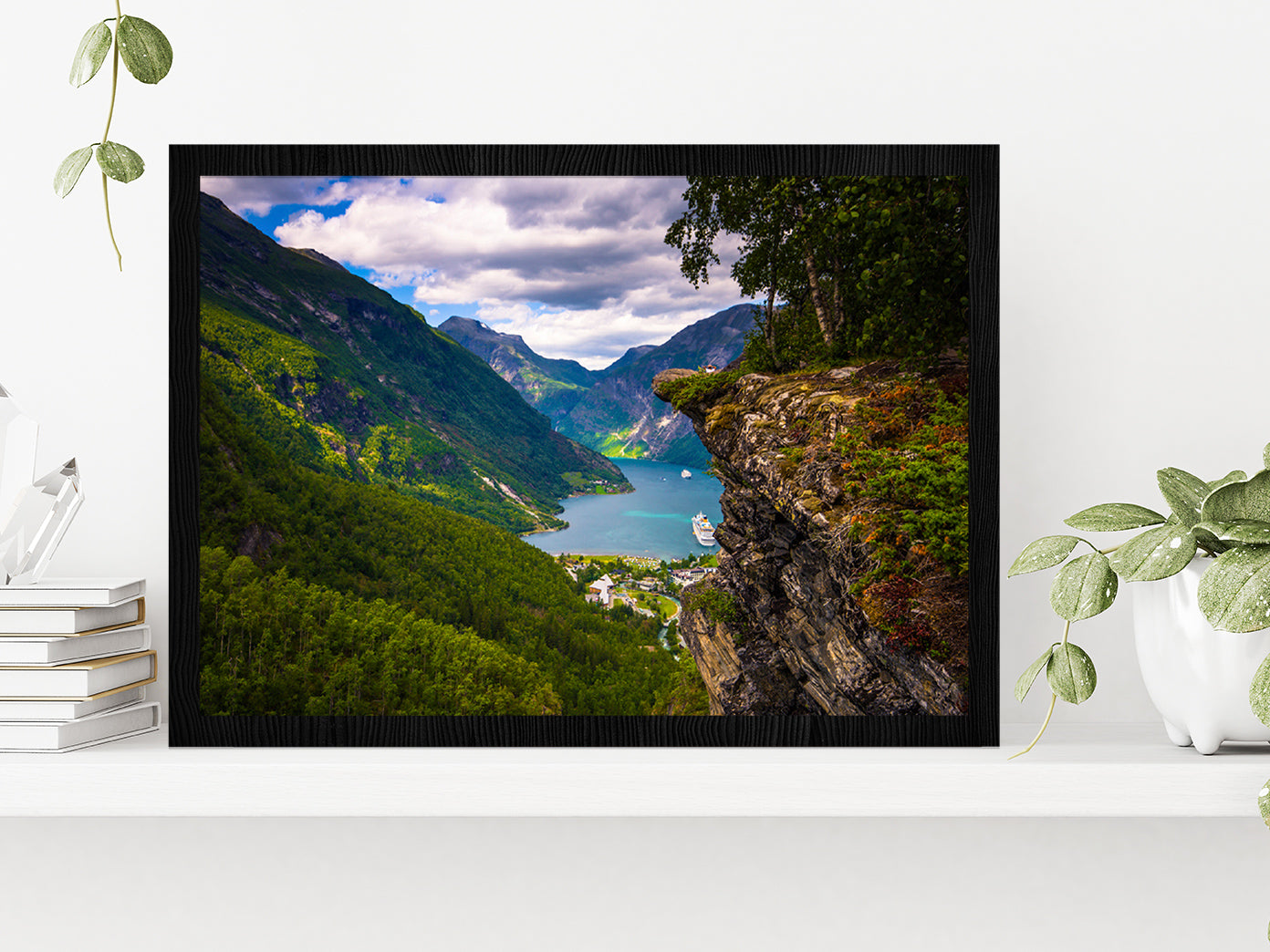 Flydalsjuvet Viewpoint In Norway Glass Framed Wall Art, Ready to Hang Quality Print Without White Border Black