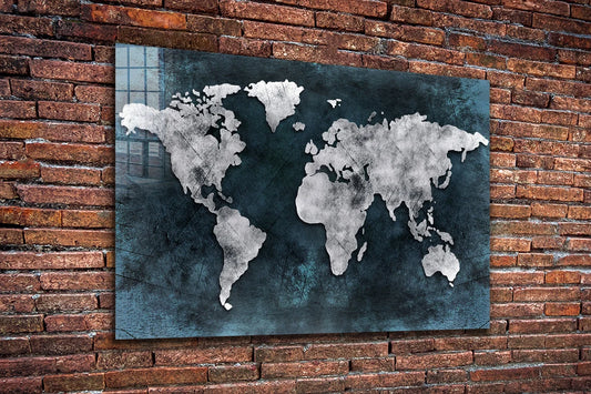 Silver World Map Vector UV Direct Aluminum Print Australian Made Quality