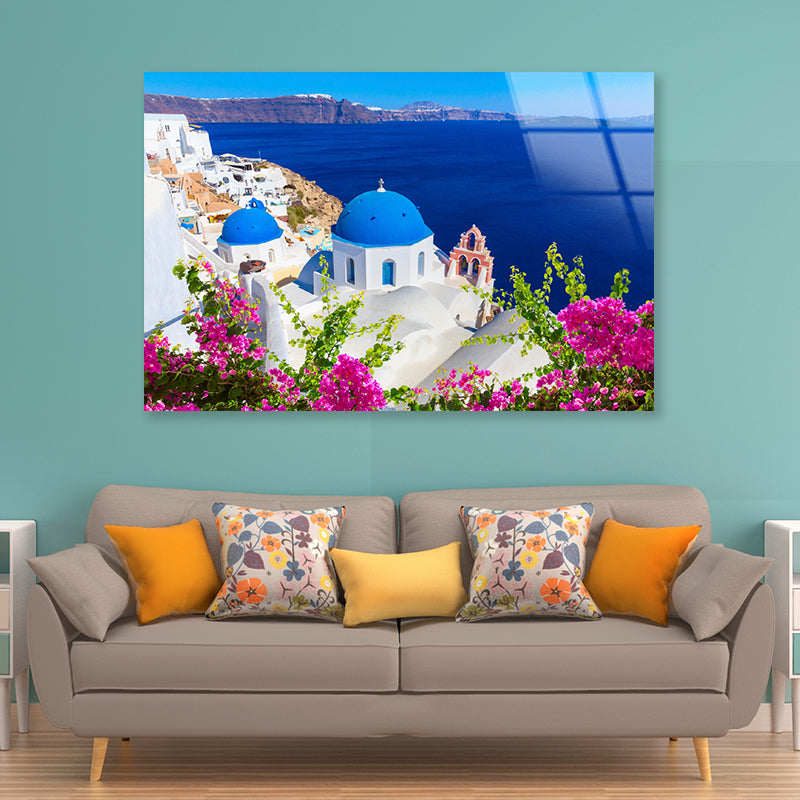 Pink Flowers in Santorini Greece Acrylic Glass Print Tempered Glass Wall Art 100% Made in Australia Ready to Hang - Bella Home Decor