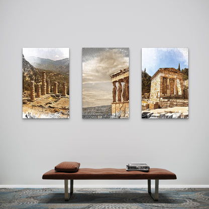 3pcs Greek Acropolis Temple Greece Ruins Wall Art Set Canvas Framed 40x60cm - High Quality Print 100% Australian Made Wall Canvas Ready to Hang