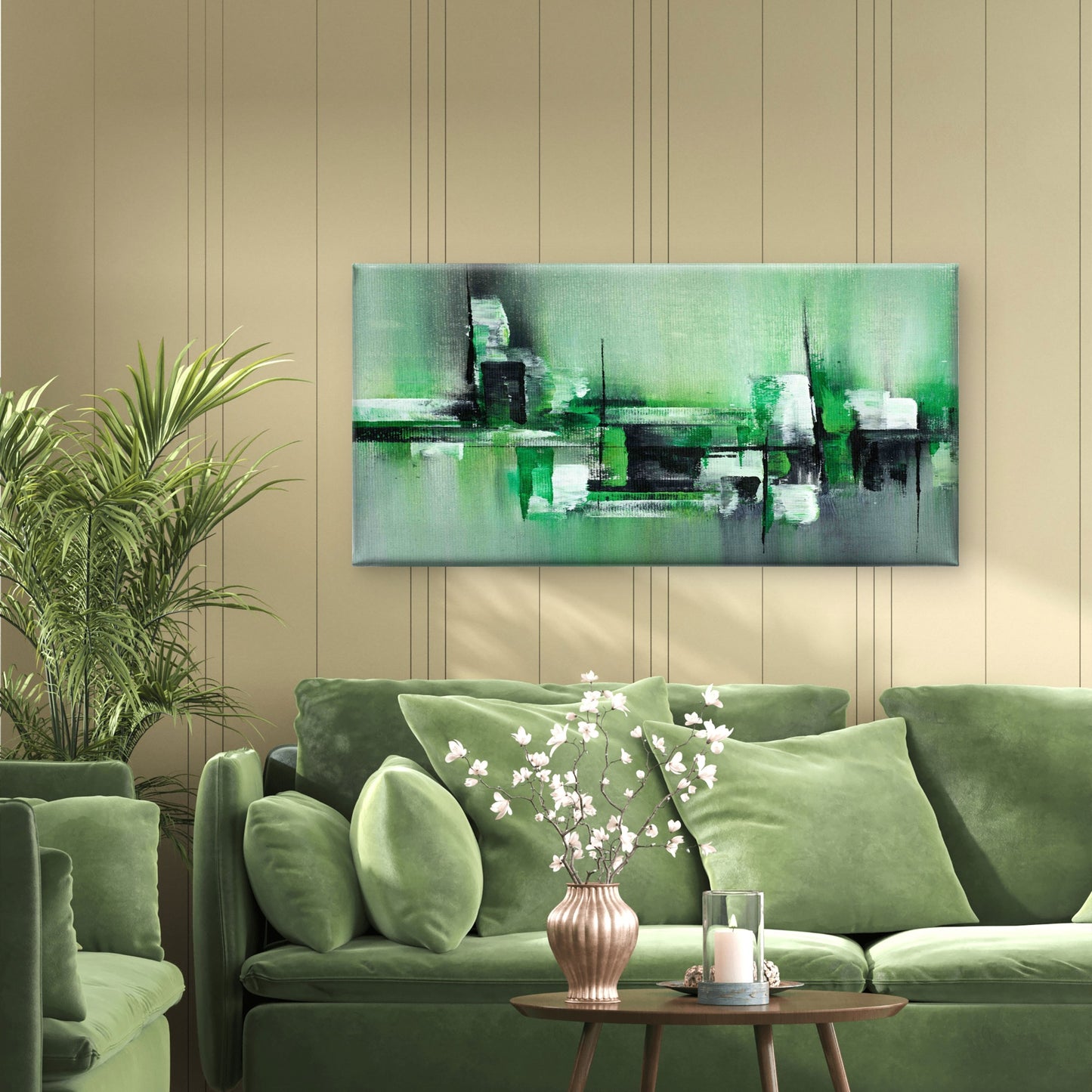 Modern Green White Abstract Wall Art Canvas Office Home Room Framed 120x60 cm - Bella Home Decor