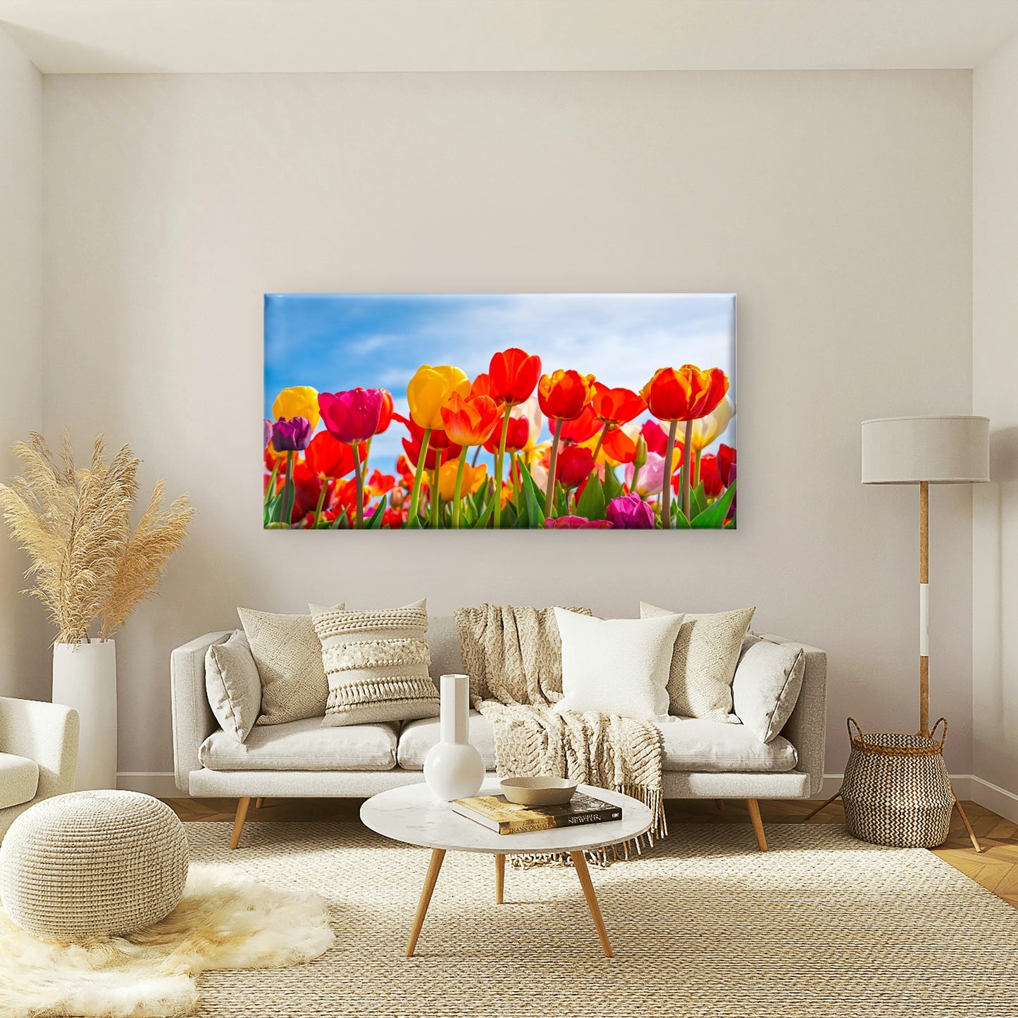 Dutch Tulip Field Blue Sky Wall Art Canvas Office Home Room Framed 120x60cm