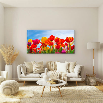 Dutch Tulip Field Blue Sky Wall Art Canvas Office Home Room Framed 120x60cm