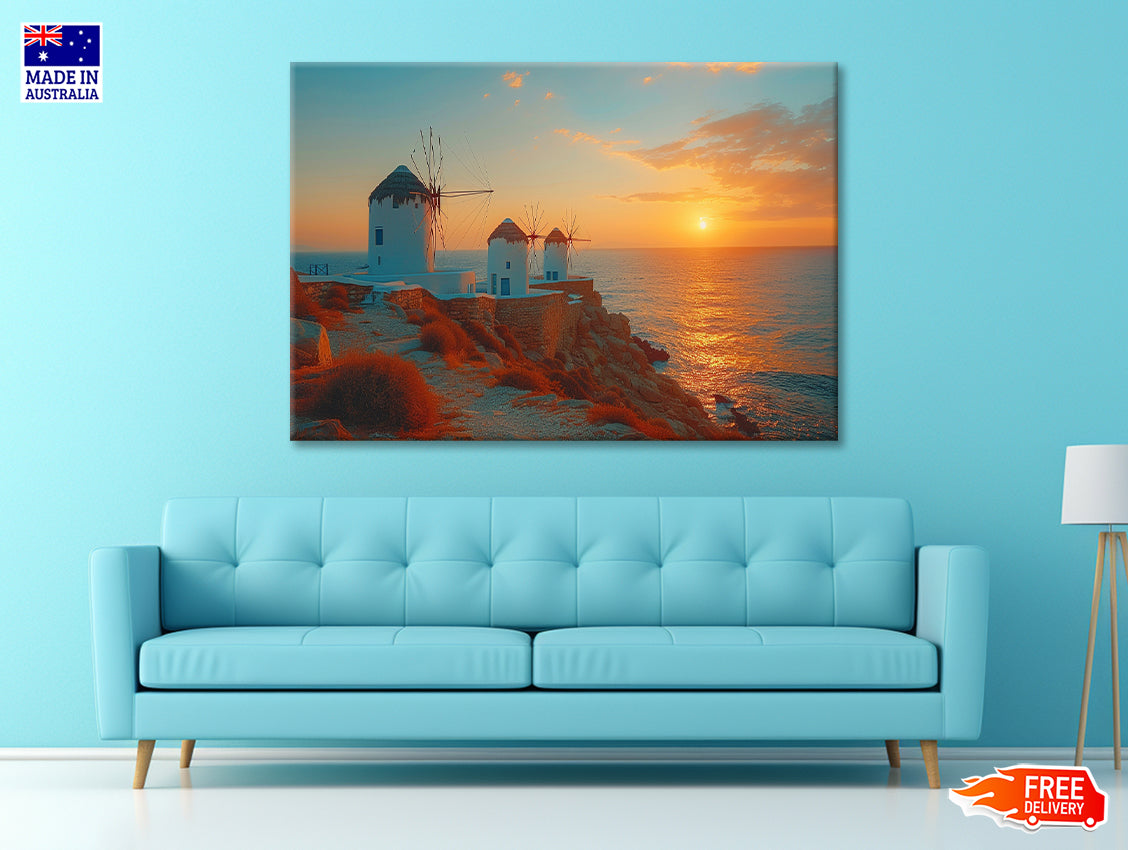 Buildings on a Rocky Shore, Sky In Greece Print 100% Australian Made - Bella Home Decor