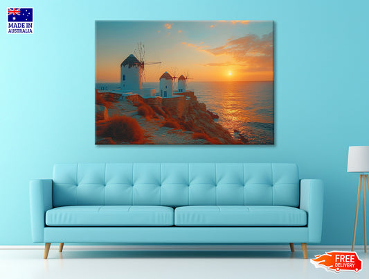 Buildings on a Rocky Shore, Sky In Greece Print 100% Australian Made - Bella Home Decor
