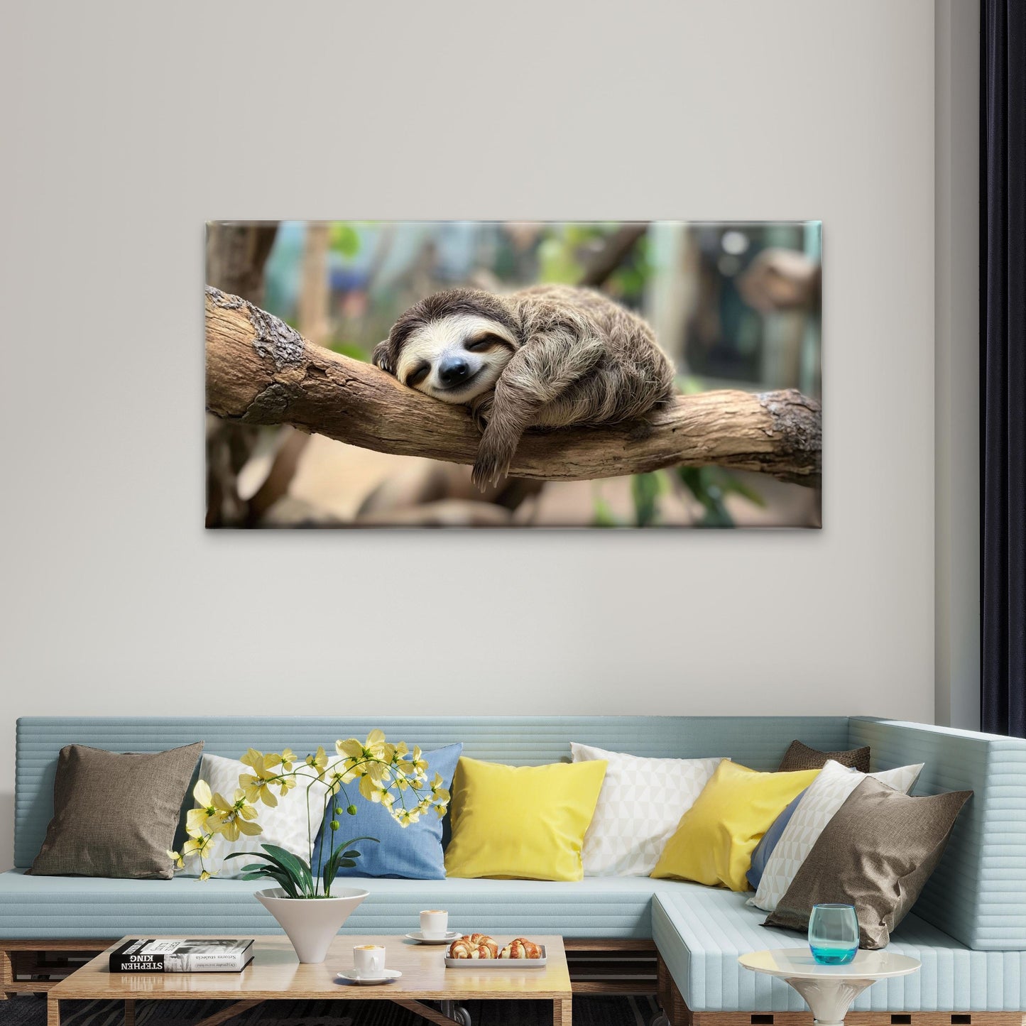 Cute Sleeping Sloth Tree Branch Tropical Wildlife Wall Art Canvas Office Home Room Framed 120x60cm