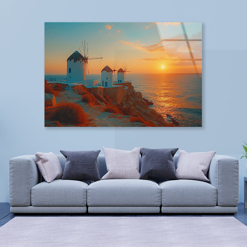 Buildings on a Rocky Shore, Sky In Greece Acrylic Glass Print Tempered Glass Wall Art 100% Made in Australia Ready to Hang - Bella Home Decor