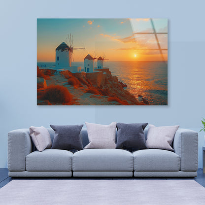Buildings on a Rocky Shore, Sky In Greece Acrylic Glass Print Tempered Glass Wall Art 100% Made in Australia Ready to Hang - Bella Home Decor