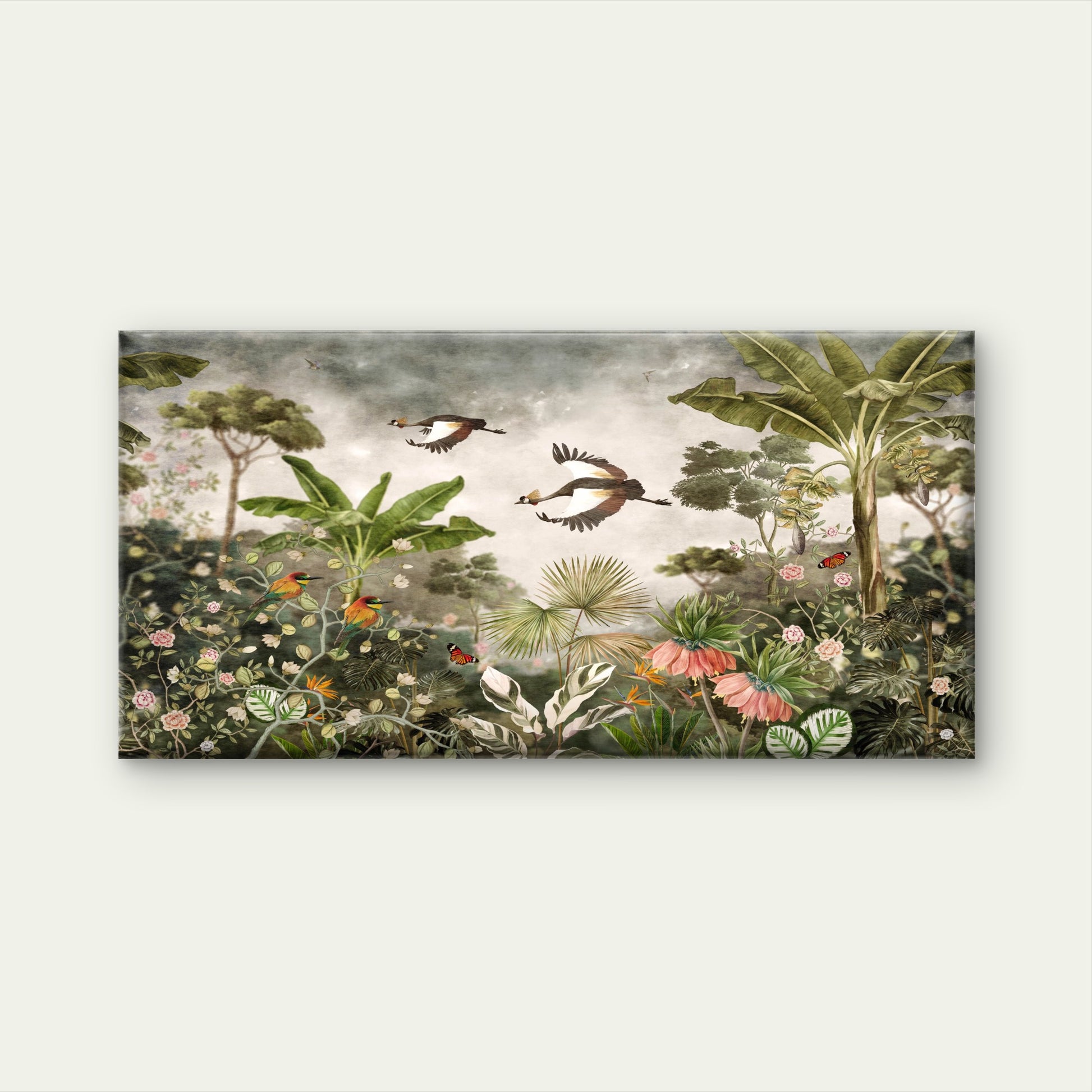 Vintage Tropical Jungle Crane Scene Wall Art Canvas Office Home Room Framed 120x60cm - Bella Home Decor