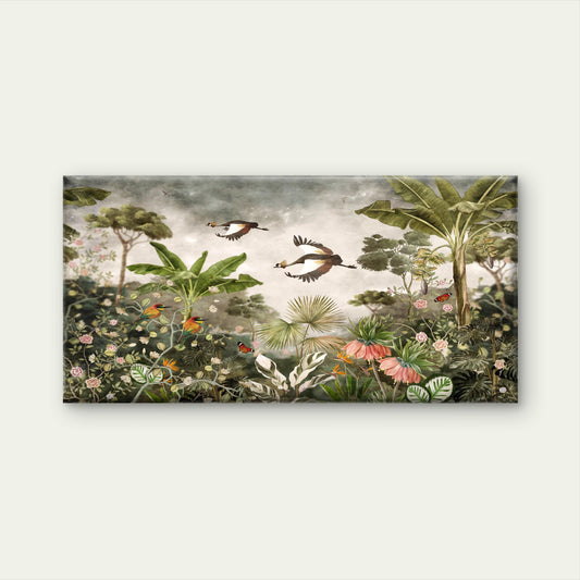 Vintage Tropical Jungle Crane Scene Wall Art Canvas Office Home Room Framed 120x60cm